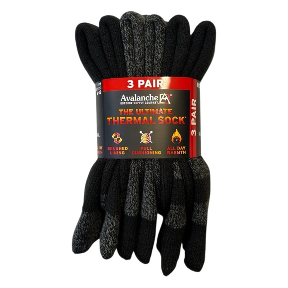 NWT Avalanche Mens Crew Socks Shoe Size 6-12 Black Gray Thermal Cushioned 3 PAIR - Picture 4 of 4